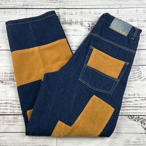 VTG Y2K Boom X Jeans Sz 34x31 Patchwork Suede Hip Hop Skate Baggy Jeans Wide Leg